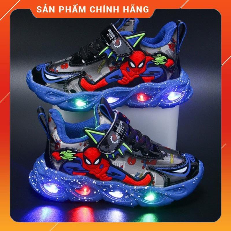 Giầy thể thao siêu nhân spider man bé trai có đèn led, da pu mềm cá tính, đến sz36